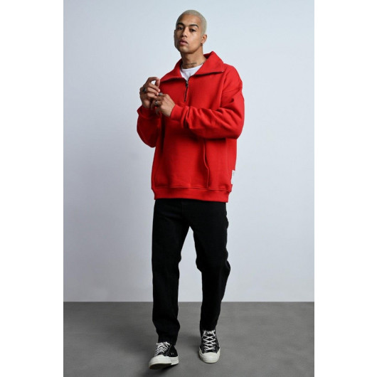 Oversized Zipper Collar Kangaroo Pocket Inner Fleece 3 Thread Men's Sweatshirt