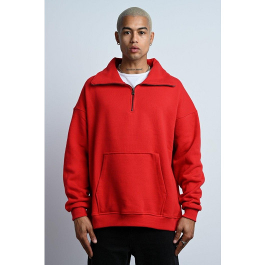 Oversized Zipper Collar Kangaroo Pocket Inner Fleece 3 Thread Men's Sweatshirt