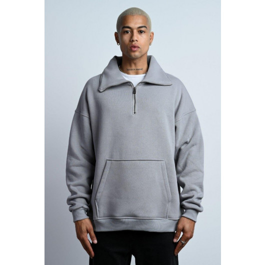 Oversized Zipper Collar Kangaroo Pocket Inner Fleece 3 Thread Men's Sweatshirt