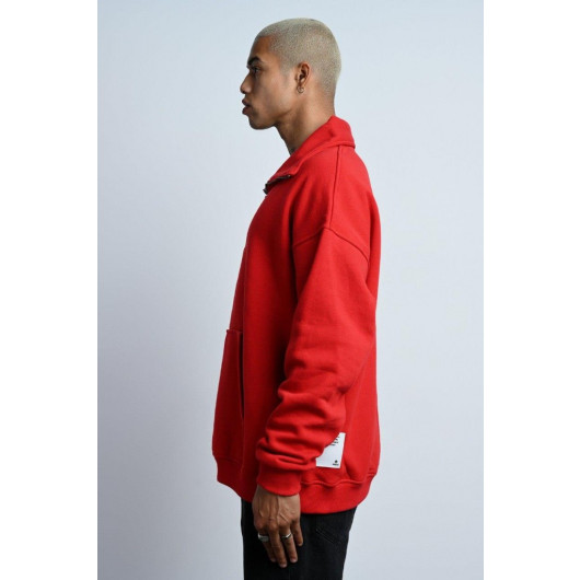 Oversized Zipper Collar Kangaroo Pocket Inner Fleece 3 Thread Men's Sweatshirt