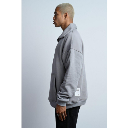 Oversized Zipper Collar Kangaroo Pocket Inner Fleece 3 Thread Men's Sweatshirt