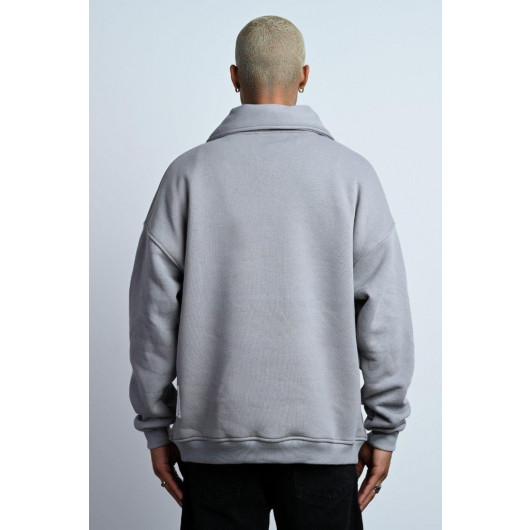 Oversized Zipper Collar Kangaroo Pocket Inner Fleece 3 Thread Men's Sweatshirt