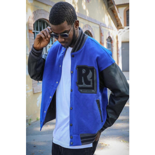 Oversized College Collar With Spring Closure Written Fleece Lined Men's Jacket