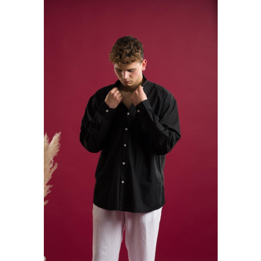 Oversized Long Sleeve Collar Buttoned Linen Pocket Men's Summer Shirt