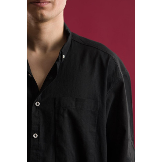 Oversized Long Sleeve Collar Buttoned Linen Pocket Men's Summer Shirt