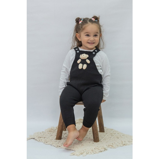 Teddy Bear Detail Buttoned Adjustable Strap Knitwear Overalls Jumpsuit