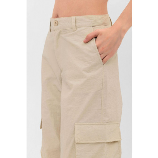 Trousers Beige Color Pocket Detailed Parachute Fabric Leg Laced