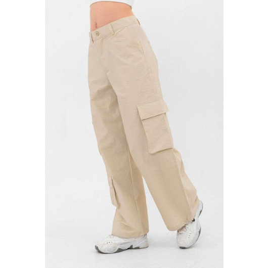 Trousers Beige Color Pocket Detailed Parachute Fabric Leg Laced
