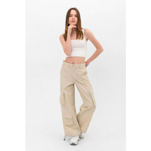 Trousers Beige Color Pocket Detailed Parachute Fabric Leg Laced