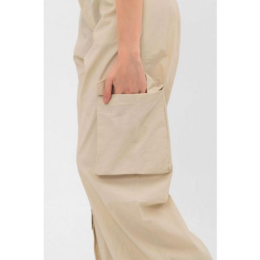 Trousers Beige Color Pocket Detailed Parachute Fabric Leg Laced