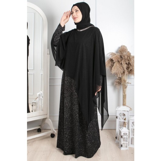 Cape And Stone Embroidered Detailed Evening Dress Black Mda2230