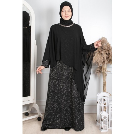 Cape And Stone Embroidered Detailed Evening Dress Black Mda2230
