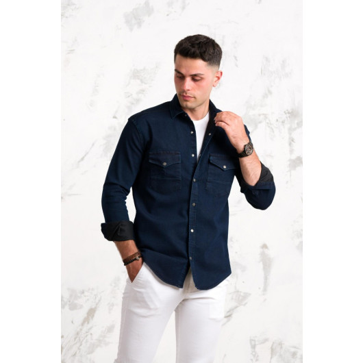 Regular Fit Men's Cotton Denim Shirt With Double Pockets