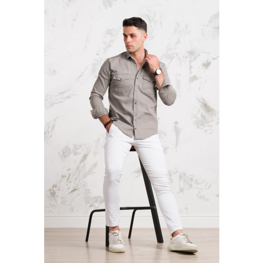 Regular Fit Men's Cotton Denim Shirt With Double Pockets