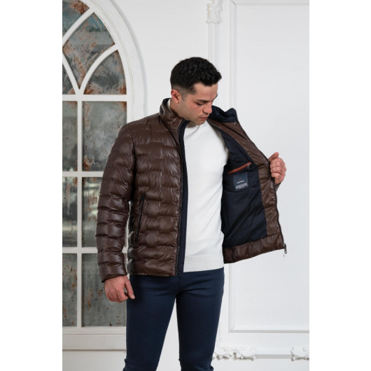 Regular Fit Stand Up Collar Lined Quilted Men's Coat