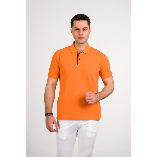 Regular Fit Men's Zipper Detailed Polo Collar Cotton T-Shirt