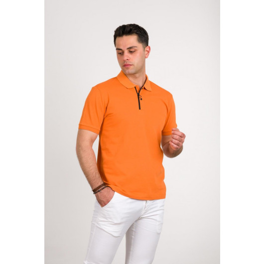 Regular Fit Men's Zipper Detailed Polo Collar Cotton T-Shirt