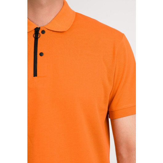 Regular Fit Men's Zipper Detailed Polo Collar Cotton T-Shirt