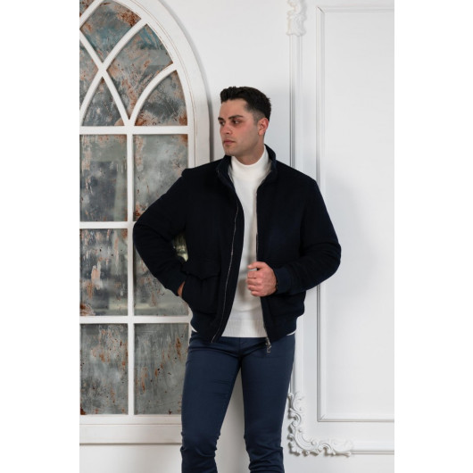 Regular Fit Woolen Stand Collar Lined Fibrous Cachet Coat