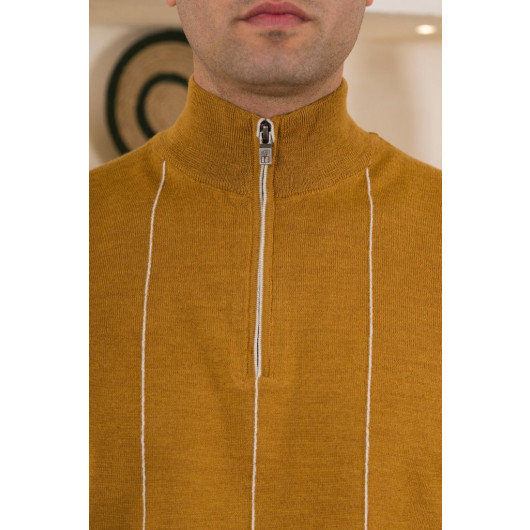 San&Fa Striped Turtleneck Zippered Regular Fit Men's Knitwear Sweater