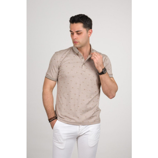 Small Patterned Men's T-Shirt With Slimfit Polo Collar Lycra