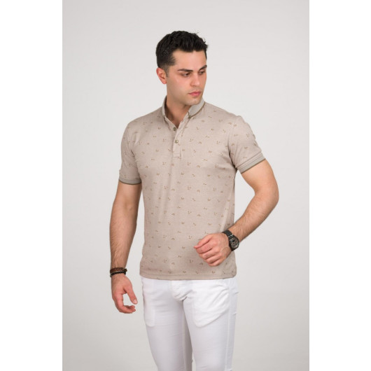 Small Patterned Men's T-Shirt With Slimfit Polo Collar Lycra
