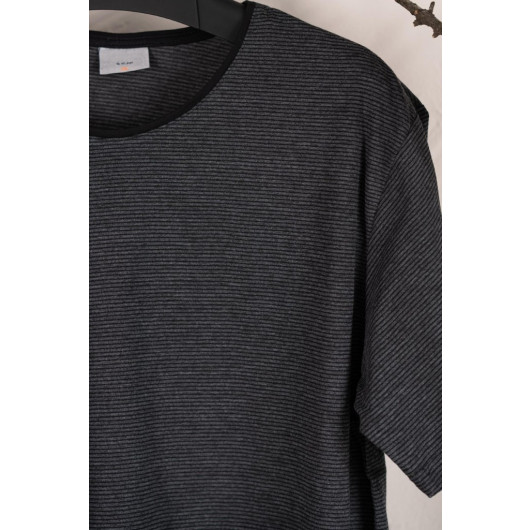 Zero Collar Plus Size Striped Combed Men's T-Shirt