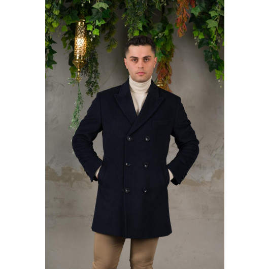 Double Breasted Pointed Collar Herringbone Cashmere Regular Fit Men's Coat