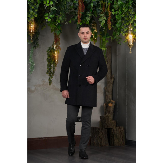 Double Breasted Pointed Collar Herringbone Cashmere Regular Fit Men's Coat