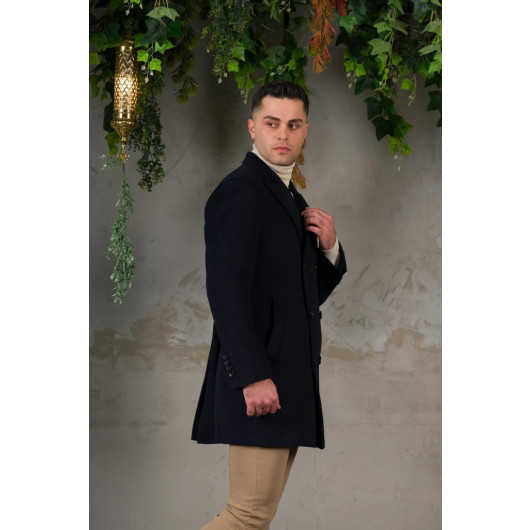 Double Breasted Pointed Collar Herringbone Cashmere Regular Fit Men's Coat