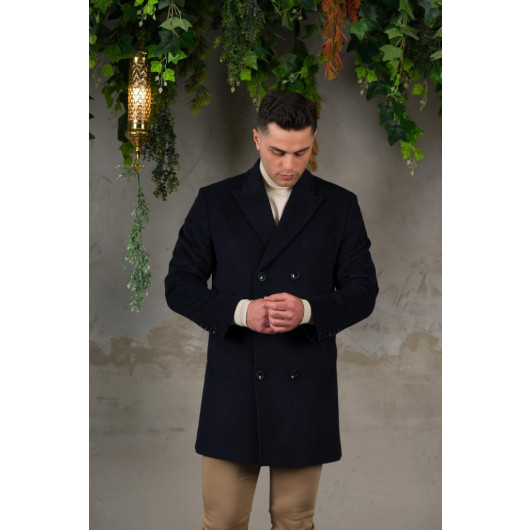 Double Breasted Pointed Collar Herringbone Cashmere Regular Fit Men's Coat