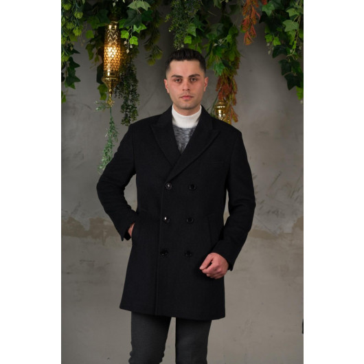 Double Breasted Pointed Collar Herringbone Cashmere Regular Fit Men's Coat