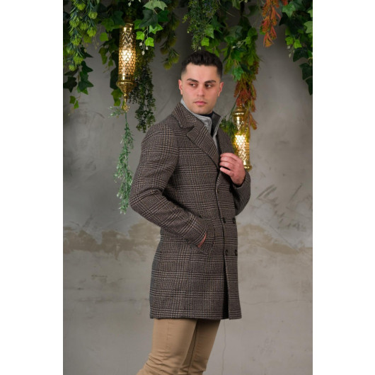 Double Breasted Pointed Collar Plaid Cashmere Regular Fit Men's Coat