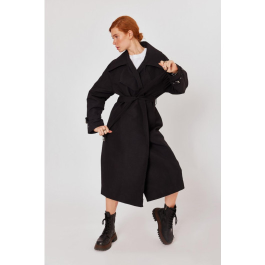 Black Long Flowy Oversized Belted Pleated Trench Coat