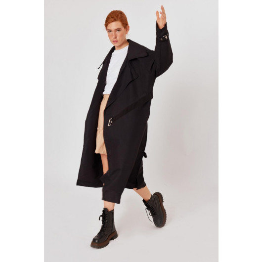 Black Long Flowy Oversized Belted Pleated Trench Coat