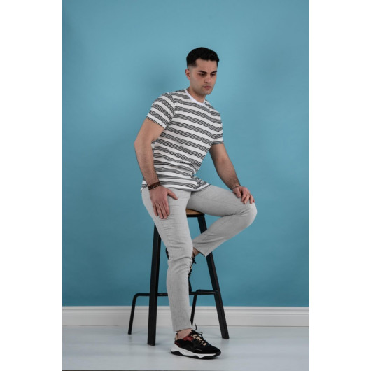 Slimfit Striped Knitted Fabric Men's T-Shirt