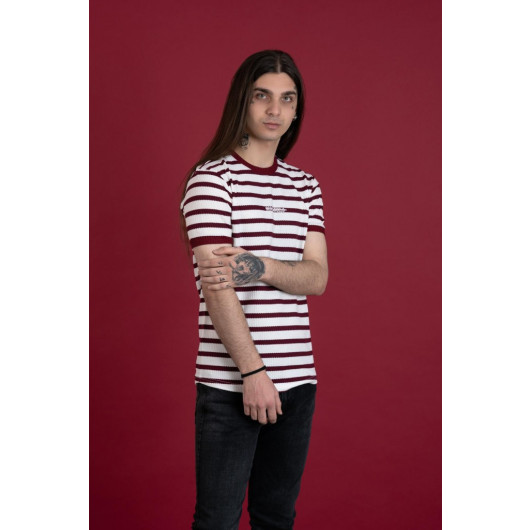 Slimfit Striped Zero Collar Men's Combed Combed T-Shirt