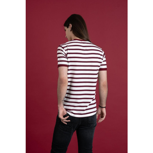 Slimfit Striped Zero Collar Men's Combed Combed T-Shirt