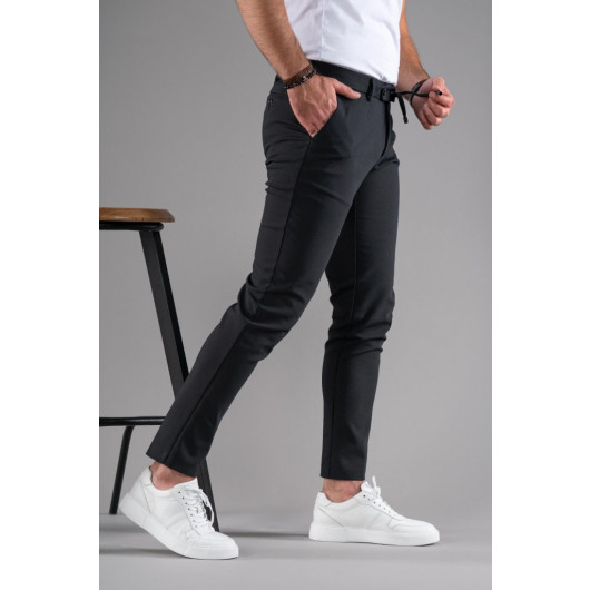 Slim Fit Slim-Leg Waist Drawstring Textured Personality Fabric Trousers