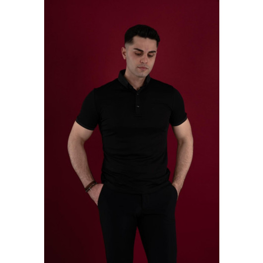 Slimfit Polo Neck Buttoned Mercerized Fabric Men's T-Shirt