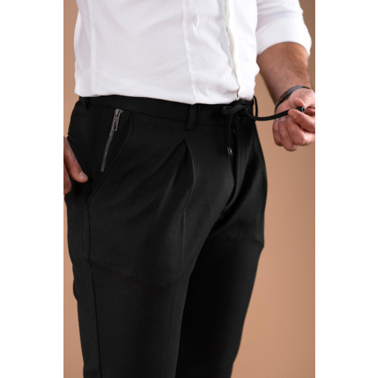 Slimfit Single Pleated Slim-Length Zipper Detail Personalized Fabric Trousers