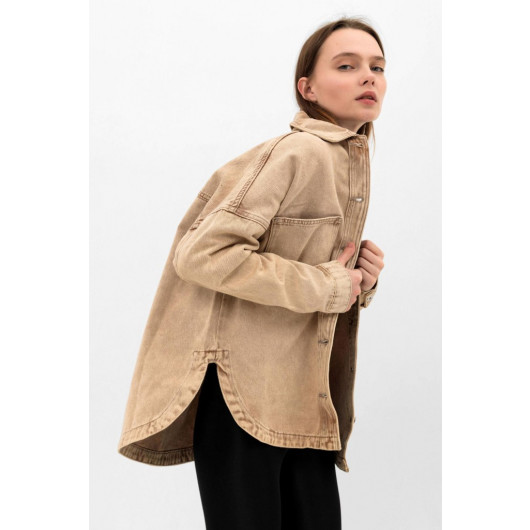 Tan Oversize Denim Jacket With Pockets Slit Detailed