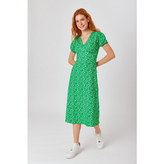 V Neck Lycra Floral Midi Length Green Dress