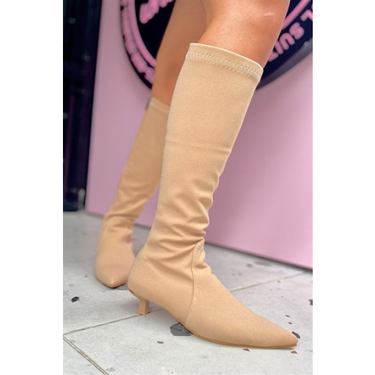 Vanessa Nude Matte Stretch Women's Heeled Boots