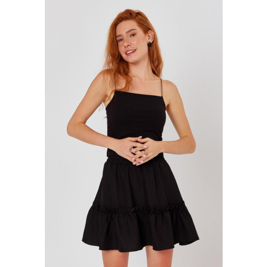 Viscose Linen Black Ruffle Skirt With Elastic Waist