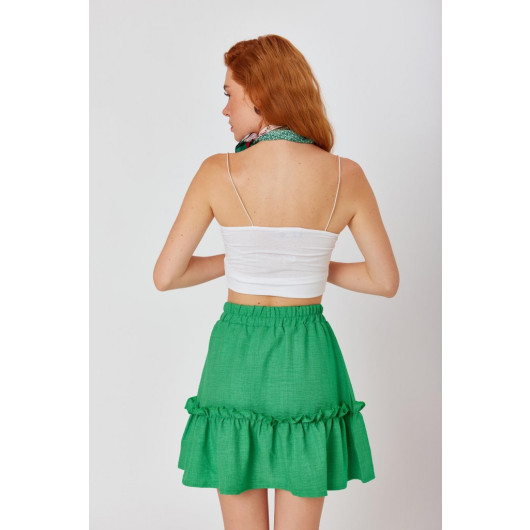 Viscose Linen Green Ruffle Skirt With Elastic Waist