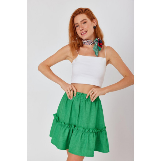 Viscose Linen Green Ruffle Skirt With Elastic Waist