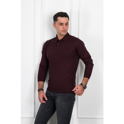 Woolen World Buttoned Polo Neck Regular Fit Patterned Men's Sweater