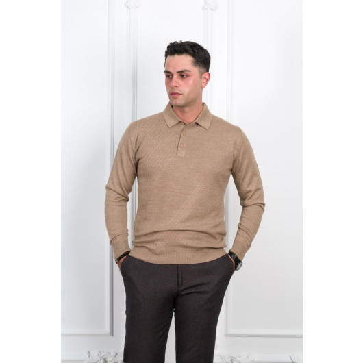 Woolen World Buttoned Polo Neck Regular Fit Patterned Men's Sweater