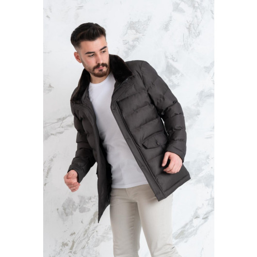 Collar Shearling Regular Fit Men's Chimney Coat